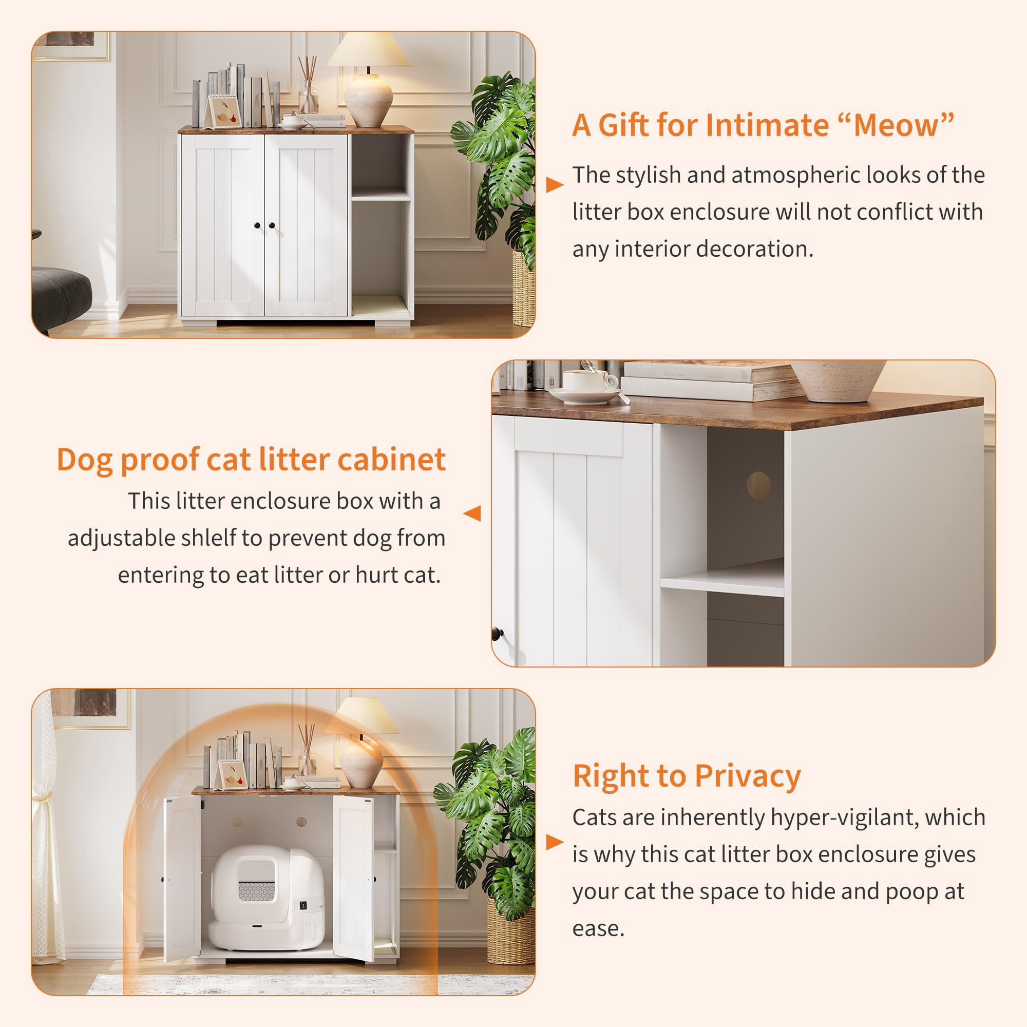 Dog-Proof Hidden Cat Litter Box Enclosure with Litter Collector, Large Indoor Cat House Cabinet, Self-Cleaning Litter Box Compatible Cat Furniture