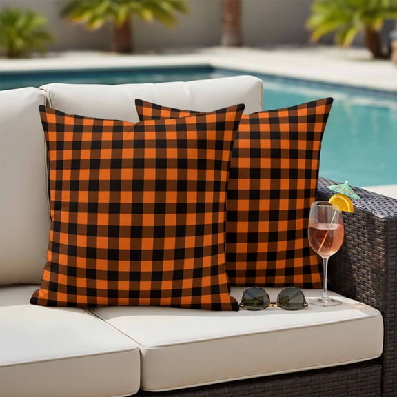 Black Orange Plaid Outdoor Pillow Covers 16x16 Inch Throw Pillow Covers Set of 2 Waterproof Decorative Pillow Cases Farmhouse Buffalo Check Gingham Cushion Covers for Patio Furniture Garden Couch