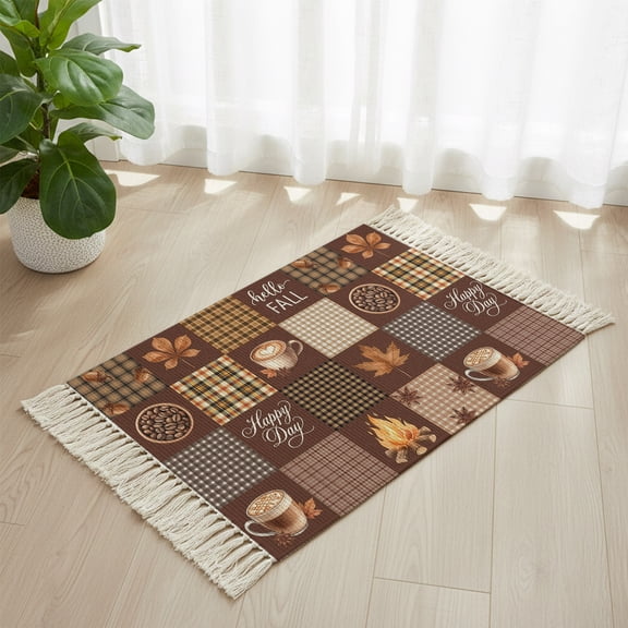 Coffee Fall Maple Leaf Boho Hallway Runner Rug 2x3ft, Kitchen Runner Rug Tassel Rugs, Vintage Brown Plaid Area Rugs Floor Carpet for Living Room Bedroom Entryway
