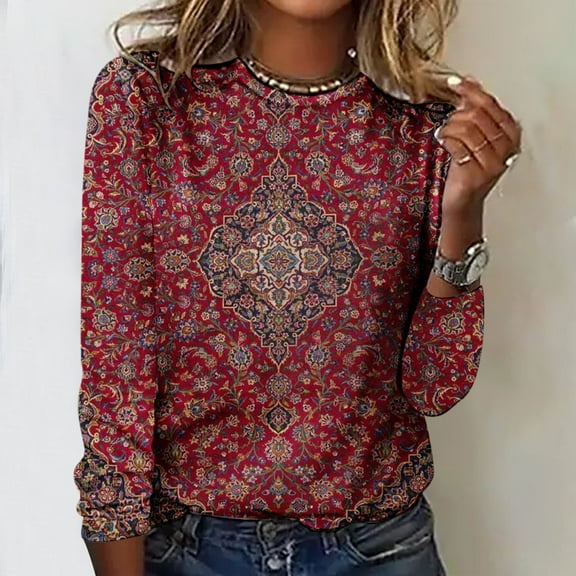 Aufmer Womens Long Sleeve Tees Clearance Multicolor Print Long Sleeve Round Neck Button Front Sweaters for Women Pullover Casual