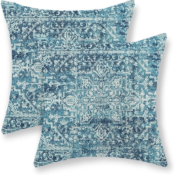 Boho Pillow Covers 20x20,Teal Ethnic Design Outdoor Decorative Throw Pillows for Couch, Carpet Pattern Decor Cushion Cover 2 Pcs Farmhouse Linen Pillowcase for Bed Car Safa