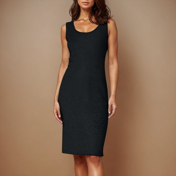 Karight Women's Summer Rib Knit Stretch Crewneck Sleeveless Bodycon Midi Dress