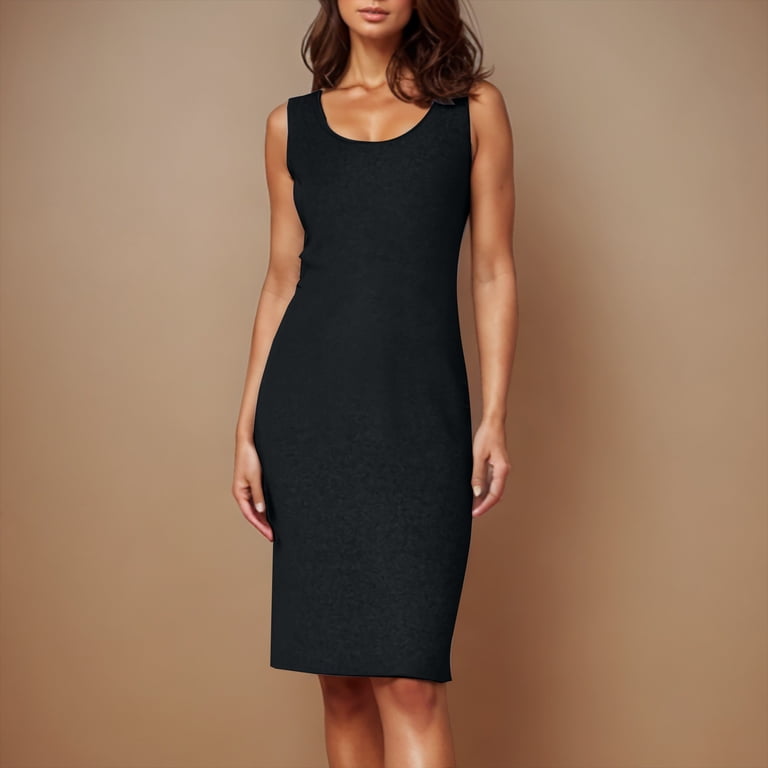 Bodycon Tank Dress Midi Womens Slim Fitting Solid Color Pencil Dresses Black  XL - Walmart.com