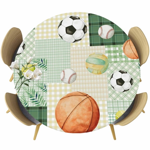 Green Plaid Sports Round Tablecloth 36-44 Inch Round Fitted Table Cloth with Elastic Edge, Classic Sports Athletic Botanical Waterproof Table Cover Protector for Outdoor Picnic Party Dining