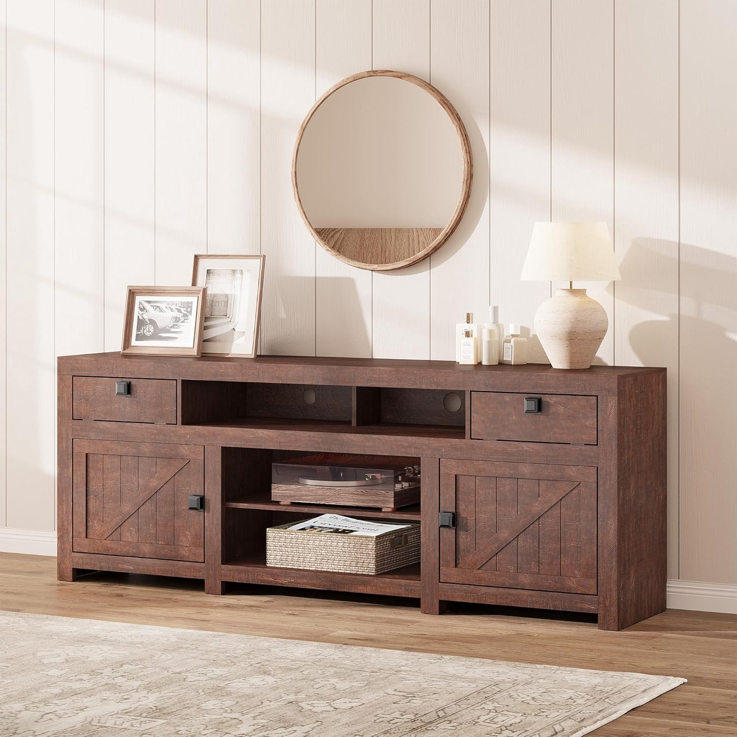 Garvee Farmhouse Wooden TV Stand for 75 Inch TV, 70" Long Entertainment Center with 4 Door and 2 Open Storage Spaces, Rustic TV Stand for Living Room, Bedroom