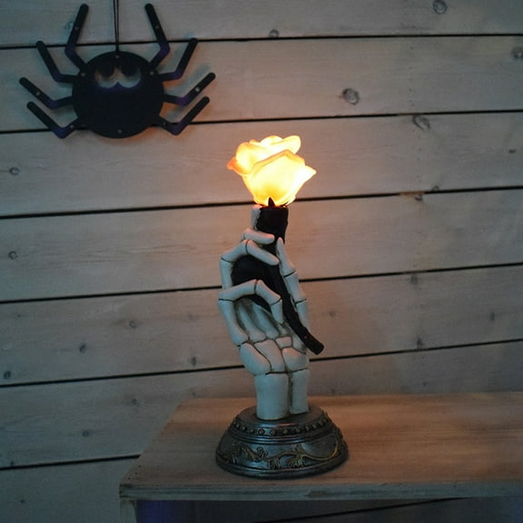 HHBEAUTY Lighted Gothic Halloween Skeleton Hand Holding Rose Decoration for Day of The Dead, Goth Valentine's Gift, Halloween Rose Light Home Table Decor