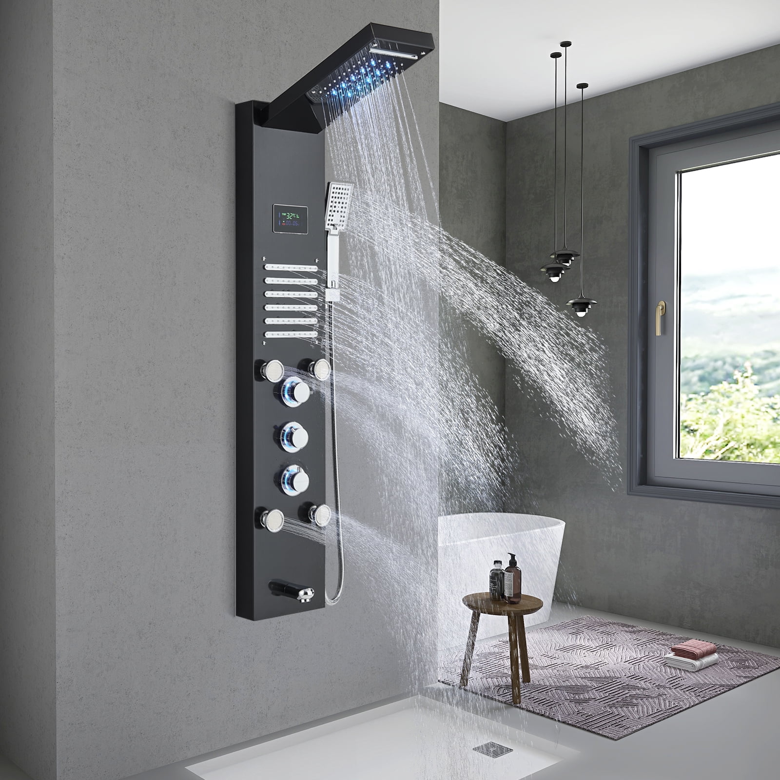 LED Shower Panel Tower System Rain&Waterfall Massage Black Stainless