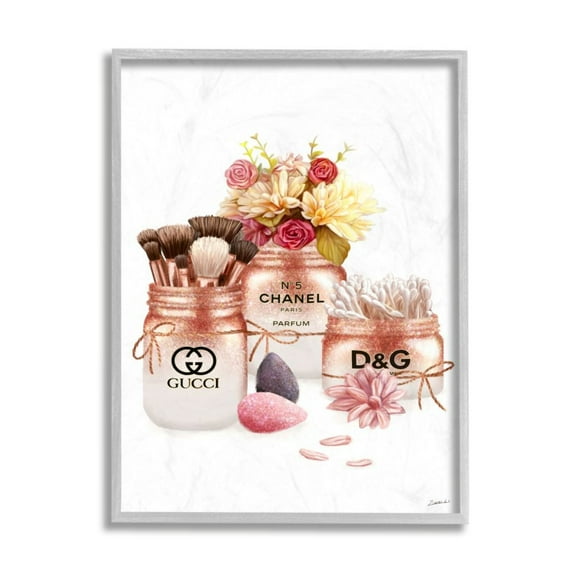 Stupell Industries Fashion Cosmetic Jars and Floral Bouquet Design by Ziwei Li, 11" x 14", Gray Framed