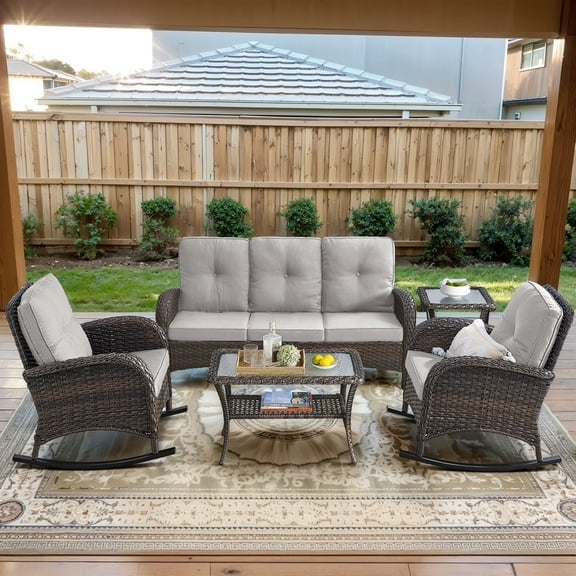 POCASSY 5 Pieces Patio Furniture Set, Wicker Patio Conversation Set with Rocking Chairs Outdoor, Patio Couch, Deep Seat Patio Set with Glass Top Coffee Table for Outside in Beige