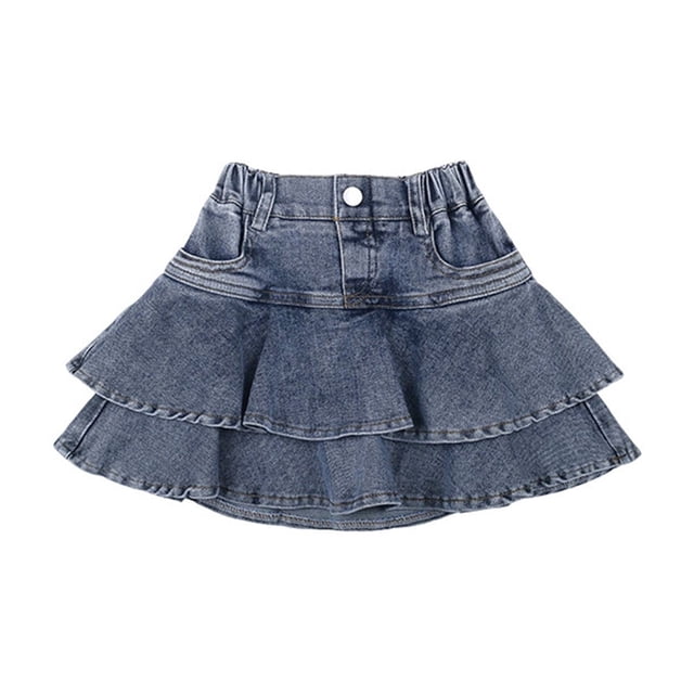 GPOECD Jupe pour Fille Jupe en Denim pour Petite Fille à Haute Extensibilité Jupe-Short Évasée Plissée avec Short en Dessous Style Cool Jupe en Denim d'Été Bleu,130