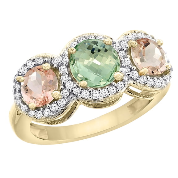 14K Yellow Gold Natural Green Amethyst & Morganite Sides Round 3-stone Ring Diamond Accents, size 5