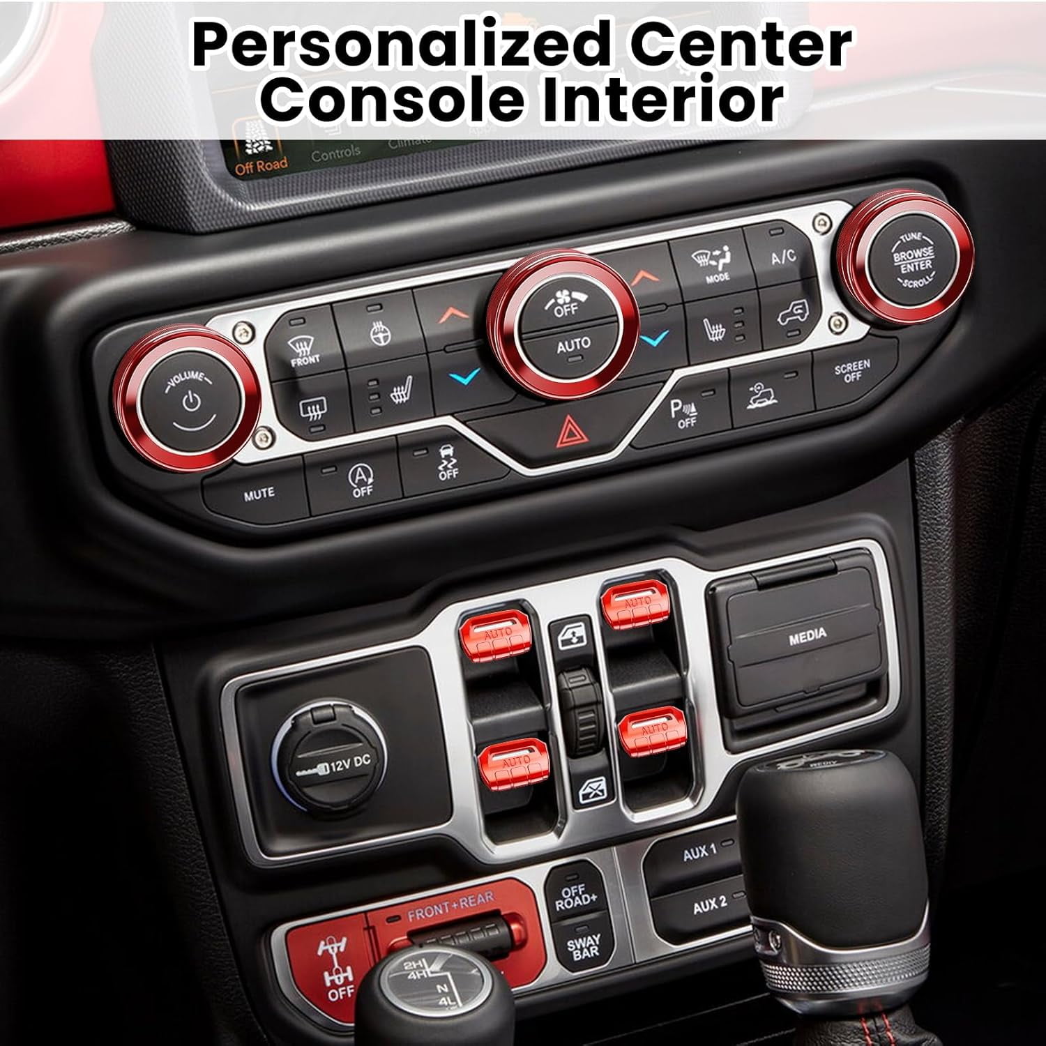 DIAMOOKY Jeep Wrangler & Gladiator Accessories Metal Button Knob Cover, Window Switch Button Cover Volume Radio Air Conditioner Headlight Switch Knob Cover, 8PCS, Red