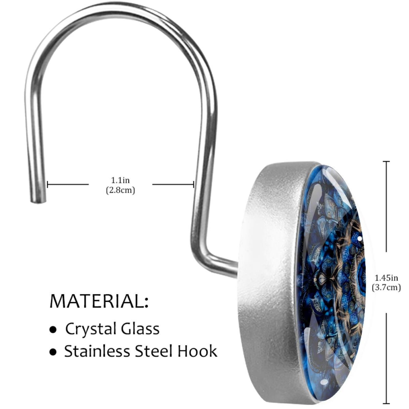 Blue Mandala Floral Shower Curtain Hooks Round Crystal Glass, Set of 12 Shower Curtain Rings - Shower Hooks for Curtain Shower Rings