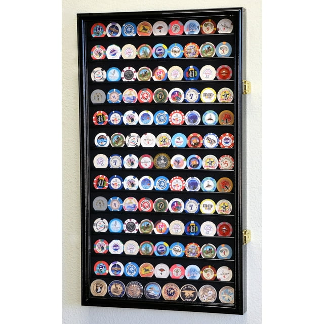 117 L Casino Chip Coin Display Case Cabinet Chips Holder Wall Rack 98% UV Lockable, Black…