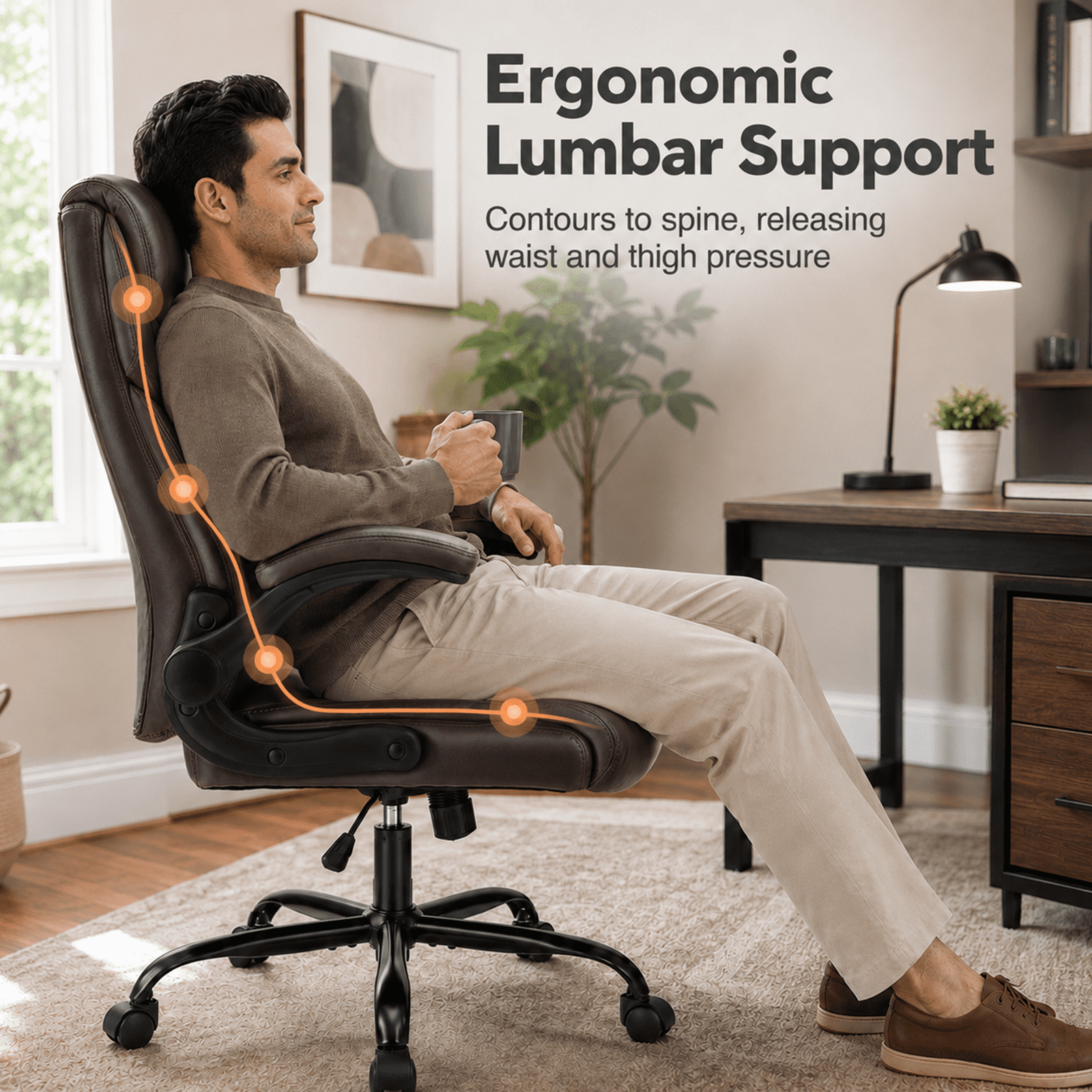 Alvantor PU Leather Executive Office Chair, Ergonomic Big and Tall Computer Desk Chairs, Breathable Leather Chair with Adjustable Flip-up Armrests, Adjustable Lumbar Support, Heavy Duty 300lbs
