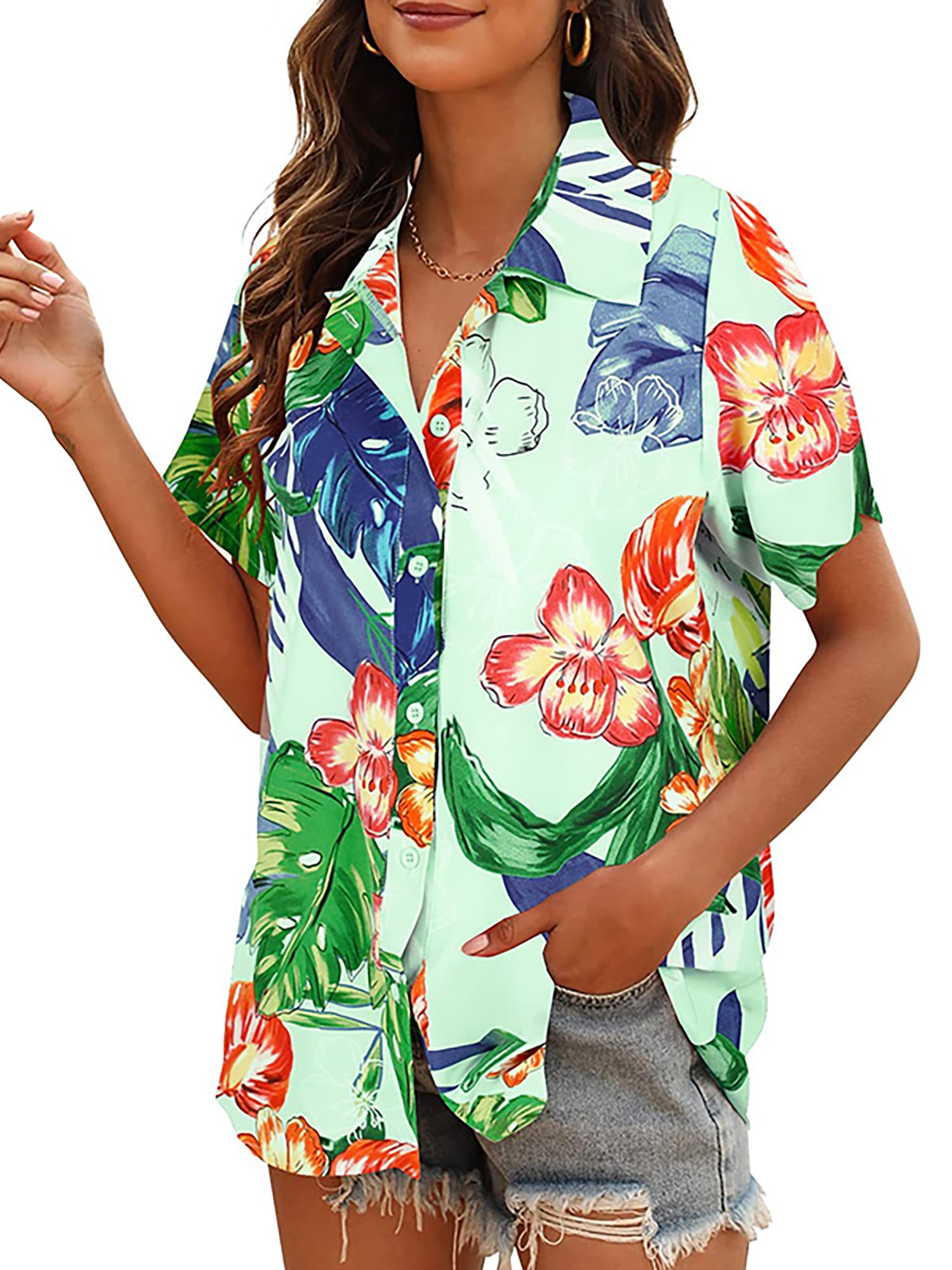 Capreze Women Hawaiian Button Down Blouse Floral Tropic Print Shirts ...