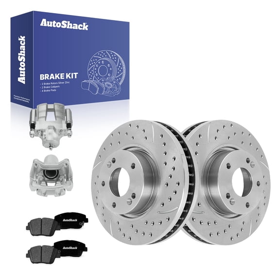 AutoShack Front Brake Rotors, Premium Pads & Calipers for Hyundai, Sonata 2011-2015, FWD L4 2.0L 2.4L - Silver Zinc Coated Drilled & Slotted - SilverShield Pro - 11.81" (300 mm), 5-Lug