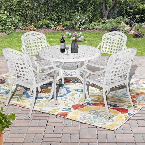 5-Piece Outdoor Patio Dining Set, All-Weather Cast Aluminum Furniture Conversation Set, Include 4 Chairs and a 38.5" Round Table with Umbrella Hole for Balcony, Lawn, Garden