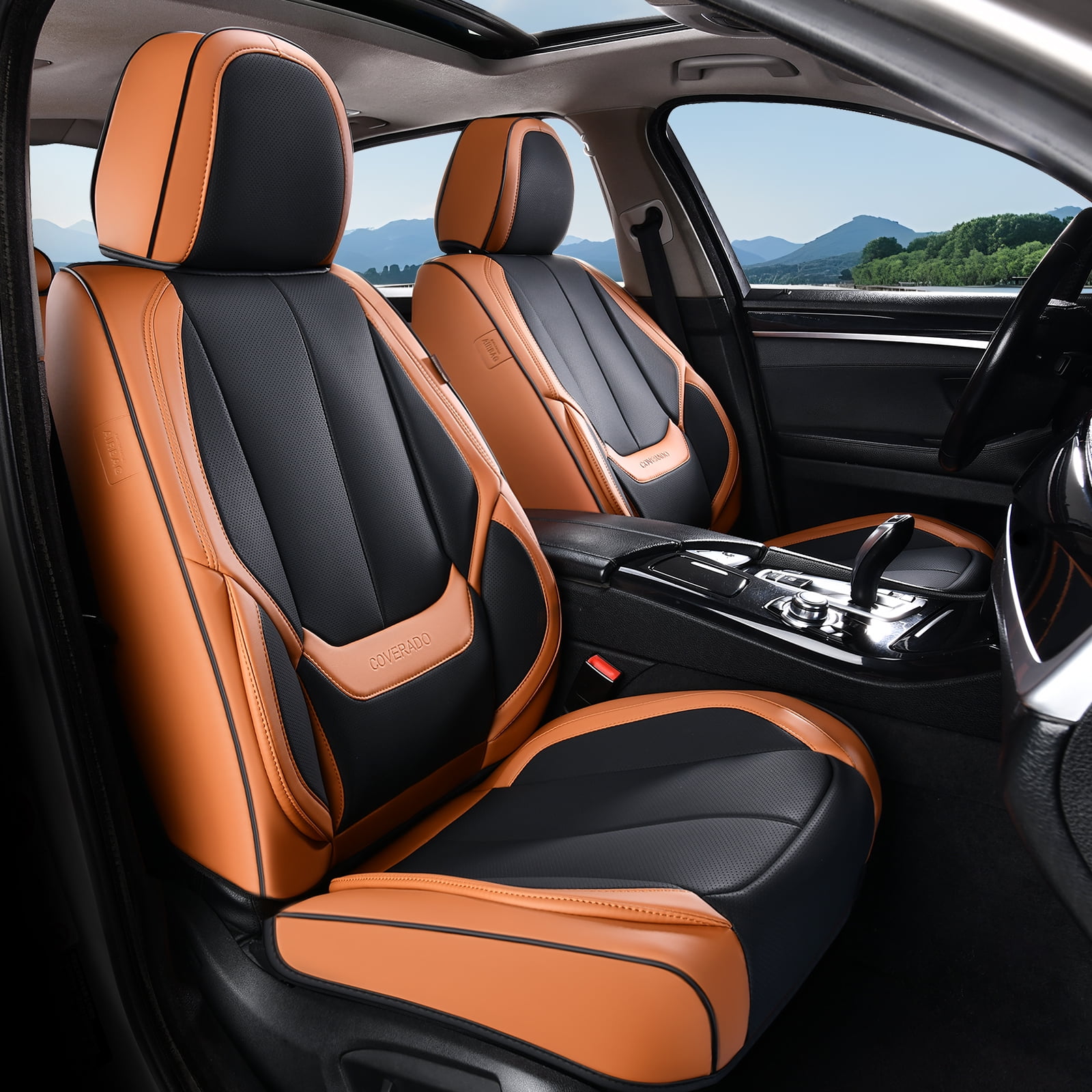 Coverado Black&Brown Car Seat Covers Full Set, Waterproof Premium Leather Front and Back Seat Protectors, Luxury Auto Interior Accessories, Universal Fit Most Cars Sedan SUVs Pick-up Trucks
