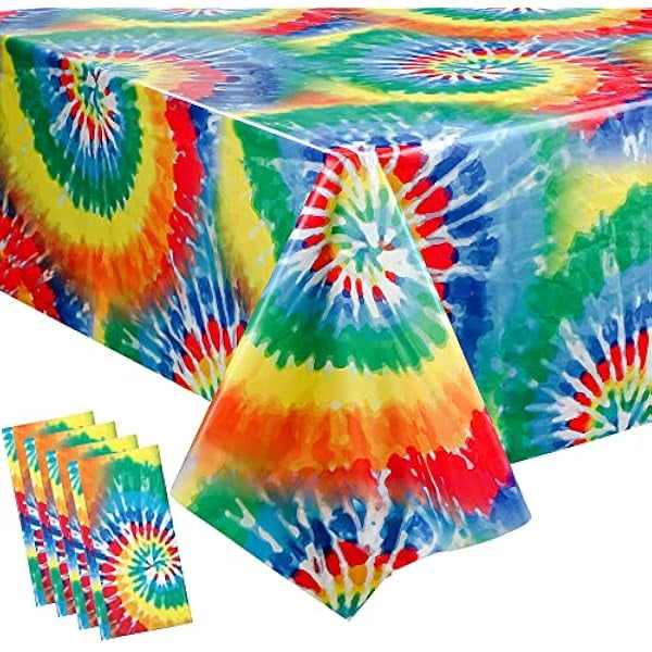wonima02 4 PCS Tie Dye Plastic Tablecloth Hippie Disposable Tablecloths 60s Party Table Cover Colorful Swirls Table Cover Rectangle Rainbow Tablecloth for Birthday Party Favor Dining Decor