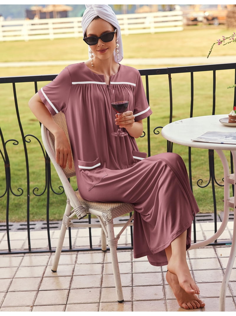 ankle length dressing gown ladies Ekouaer Women Zipper Robes Knit Short Sleeve House Coat Soft Bathrobe Full Housecoat with Pockets Gray Purple XXL Size:XS 0-2