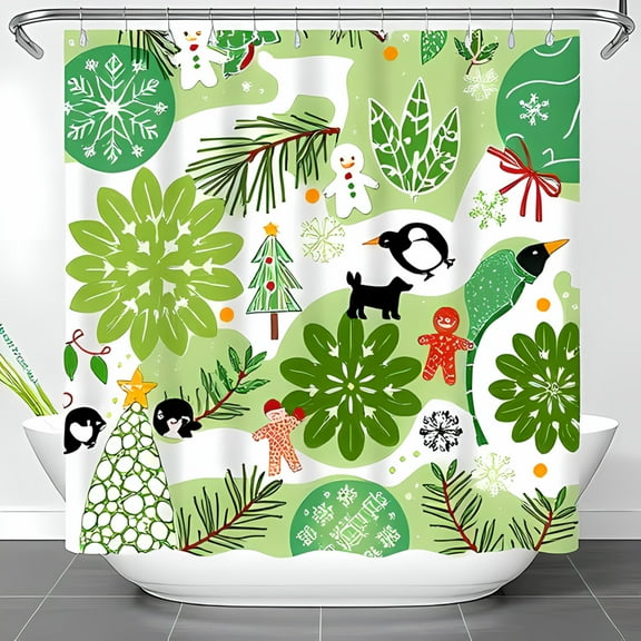 Festive Holiday Shower Curtain with Christmas Tree Snowflakes Penguins & Gingerbread Man - Light Green Background Perfect for Seasonal Decor