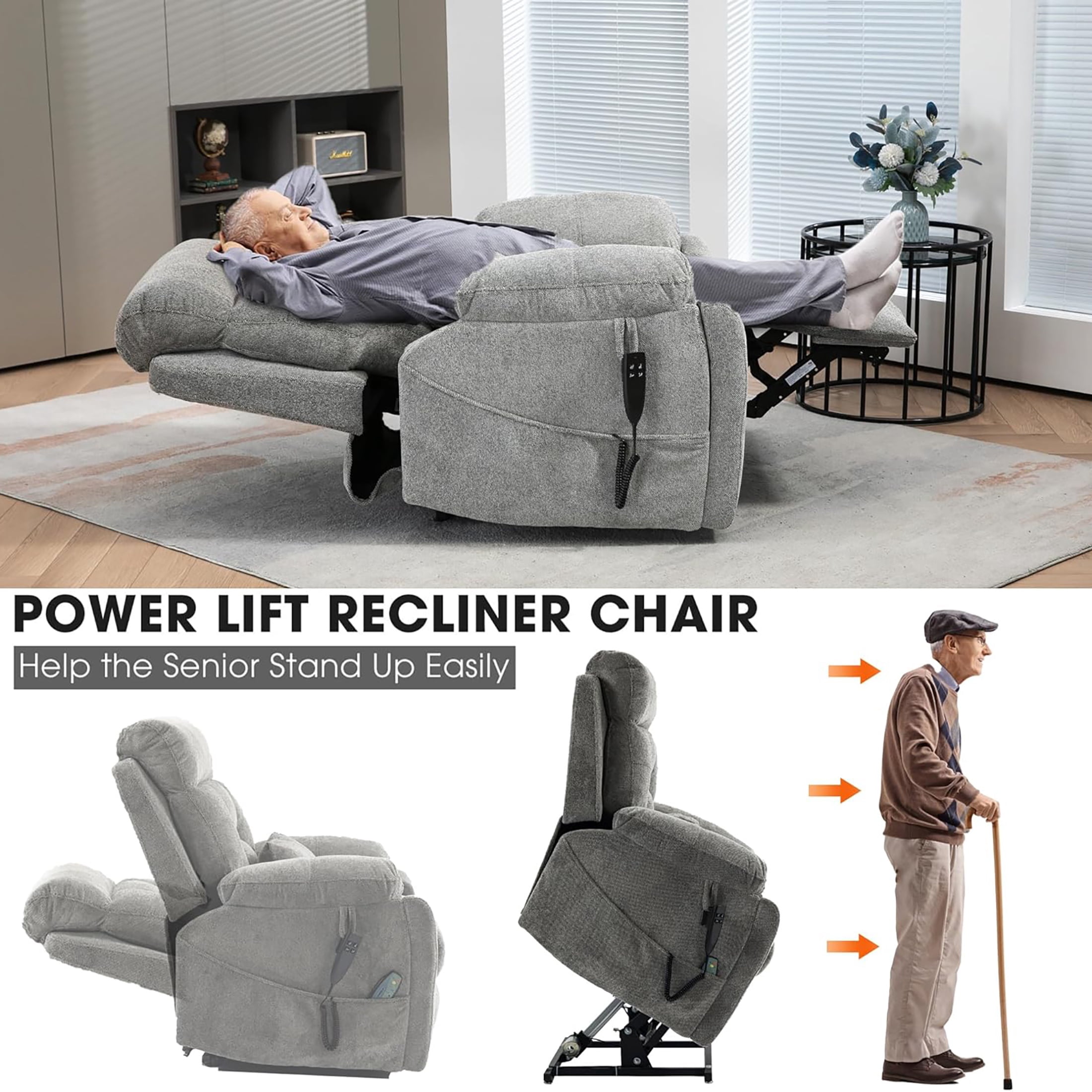 Oversized Power Lift Recliner Chair with Massage and Heat for Elderly, UHOMEPRO Large Wide Seat Recliners for Big and Tall, Safety Motion Reclining Mechanism with Hidden Cup Holder, Gray