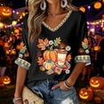 thumbnail image 2 of Trgacdwlo Womens Halloween Shirts V Neck Shirts for Women 3/4 Sleeve Ghost Pumpkin Graphic Fall Holiday Women Graphic Shirts, 2 of 5