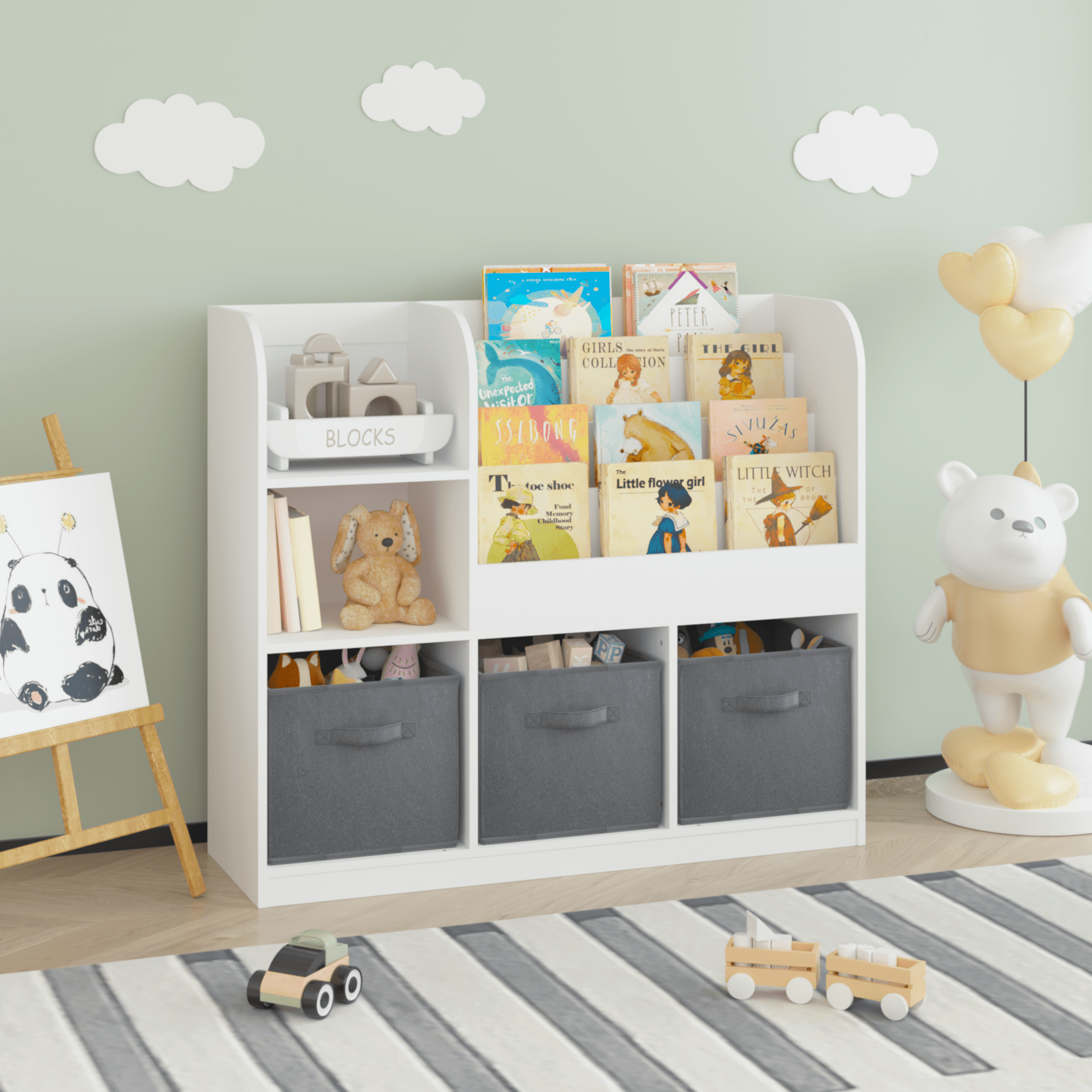 Kids Bookcase and Bookshelf, Multifunctional Bookcase with 3 Collapsible Fabric Drawers, Bookcase Display Stand, Toy Storage Organizer for Bedroom, Playroom, Hallway