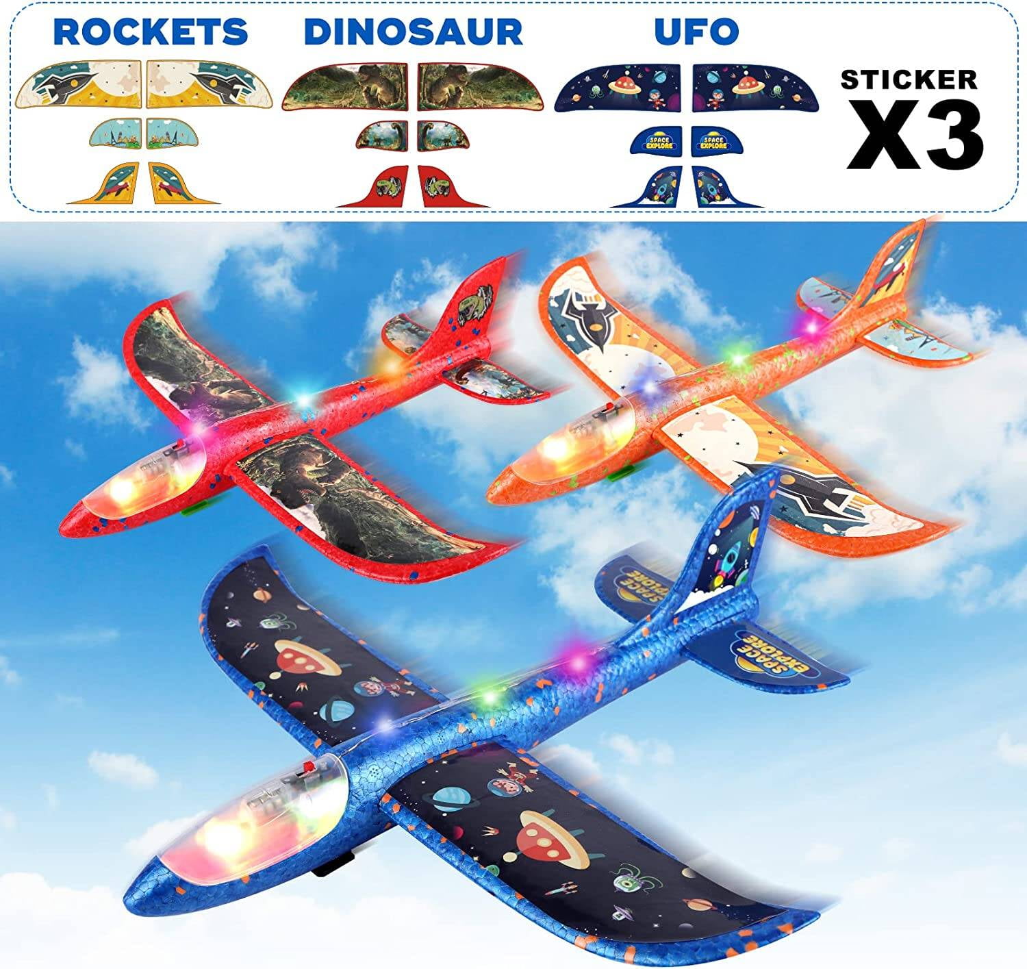 Allaugh 3 Pack Airplane Launcher Toy, 12.6" Foam Glider Led Plane, 2 Flight Mode Catapult Plane Boy Toys with 3 DIY Stickers, Outd