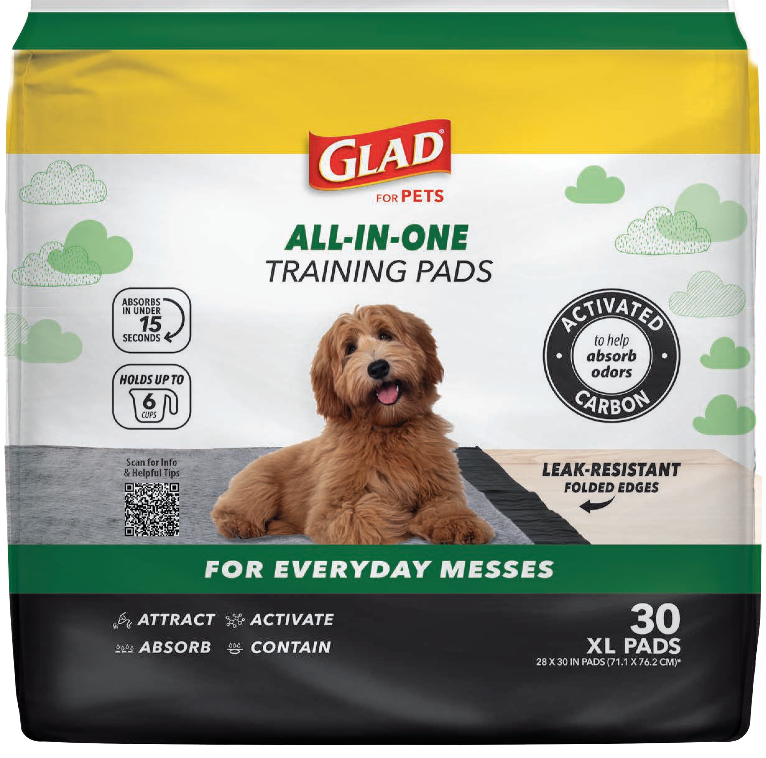 (3 pack) Glad Jumbo Leak Resistant Activated Carbon Training Pads For Large Breed Dogs, 28in x 30in, 30 Count