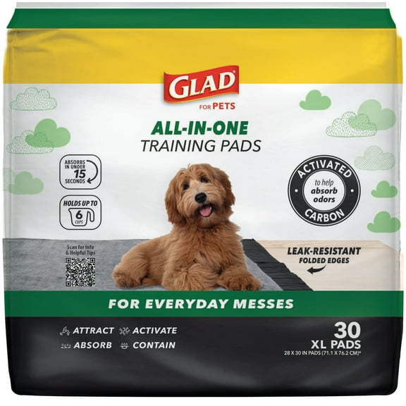 Glad Jumbo Leak Resistant Activated Carbon Training Pads For Large Breed Dogs, 28in x 30in, 30 Count