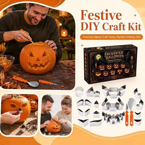 Pumpkin Carving Kit, Stainless Steel Pumpkin Carving Tools, Jack-O'-Lantern Stencils and Face Molds, Pumpkin Scooper and Detailing Tools, 26Pc Set 9X8X2 in for Quick and Mess-Free