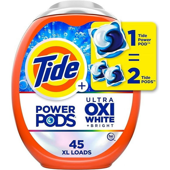 Tide Power PODS Plus Ultra OXI White and Bright Laundry Detergent Pacs, Advanced Stain Removal and Whitening Power, 45 Count