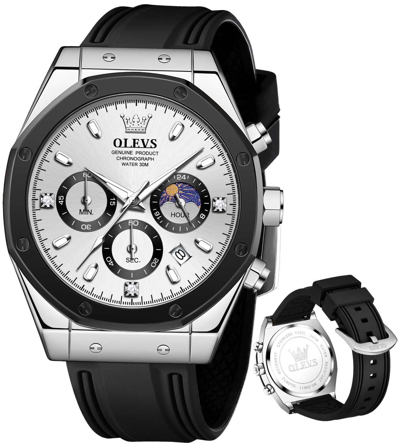 OLEVS Watches for Men Chronograph Waterproof Luxury Dress Quartz Silicon Strap Multifunction Moon Phase Business Calendar Luminous Men Wrist Watches Reloj Para Hombre Gray/Black/White