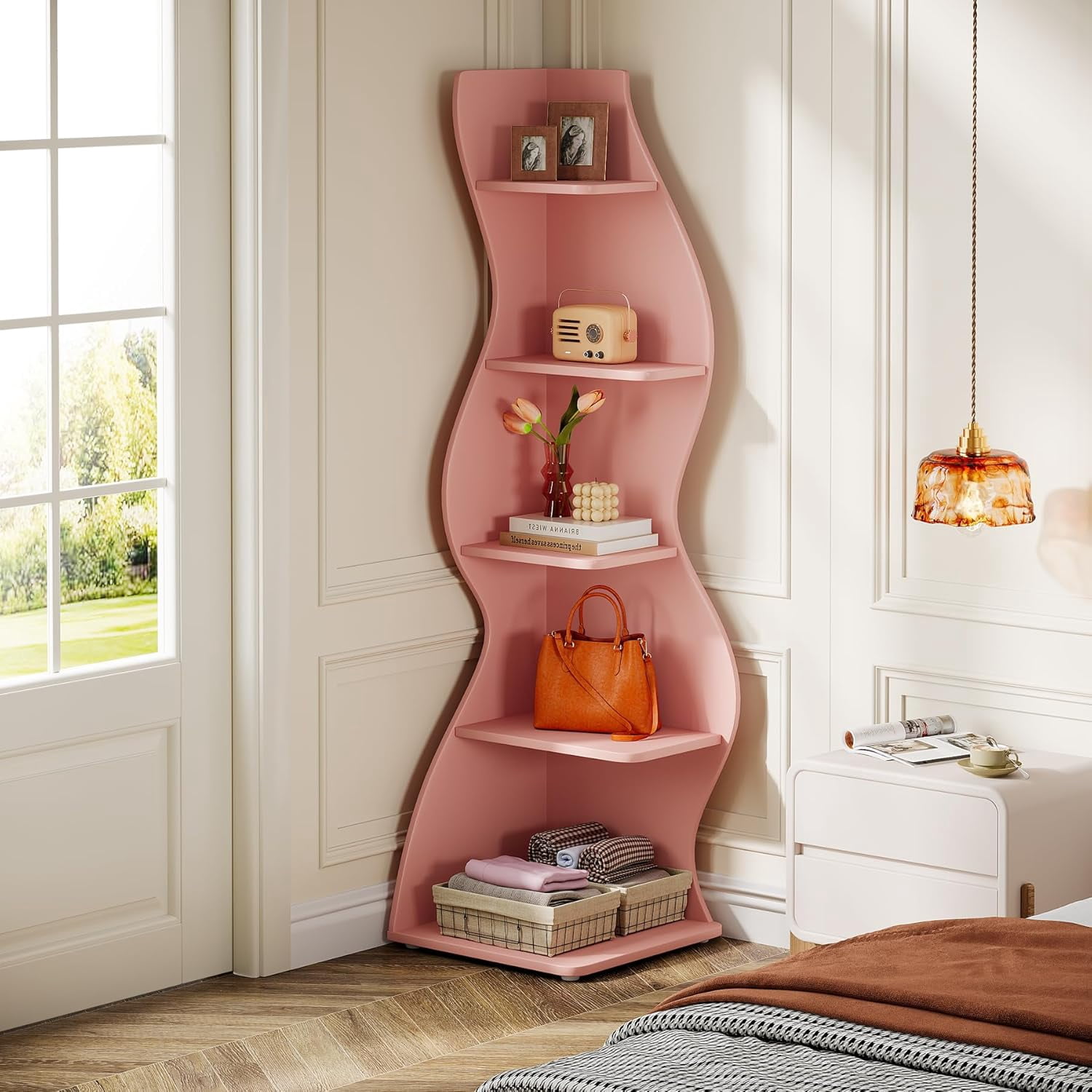 Tribesigns Modern Corner Shelf, 5-Tier Corner Bookshelf WavyBookcase for Small Space, Living Room (Pink)