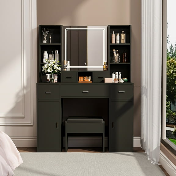The white vanity with LED mirror is equipped with a hair dryer rack, and the vanity in the bedroom and dressing room is equipped with a dressing pad