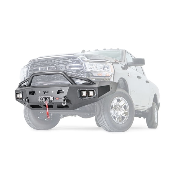 Warn Bumper 107003 Ascent; One Piece Design; Direct-Fit; Mounting Hardware Included; With Baja Grill Guard; With Winch Mount; With Light Cutout; Powder Coated; Black; Steel