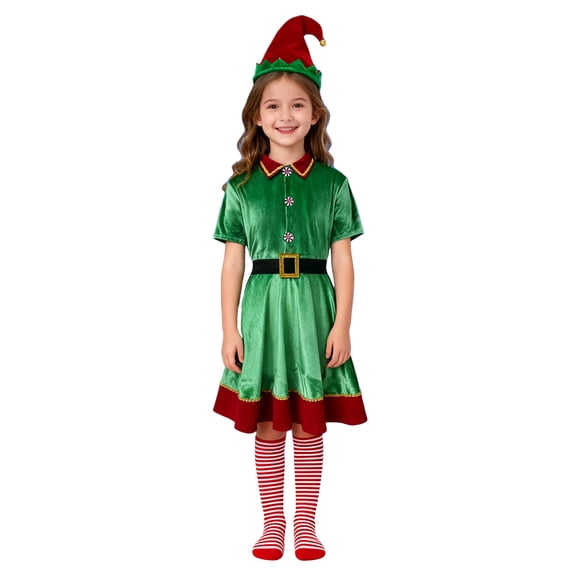 KHONTS Girls Christmas Elf Holiday Outfits Dress and Hat Sock,4 Piece