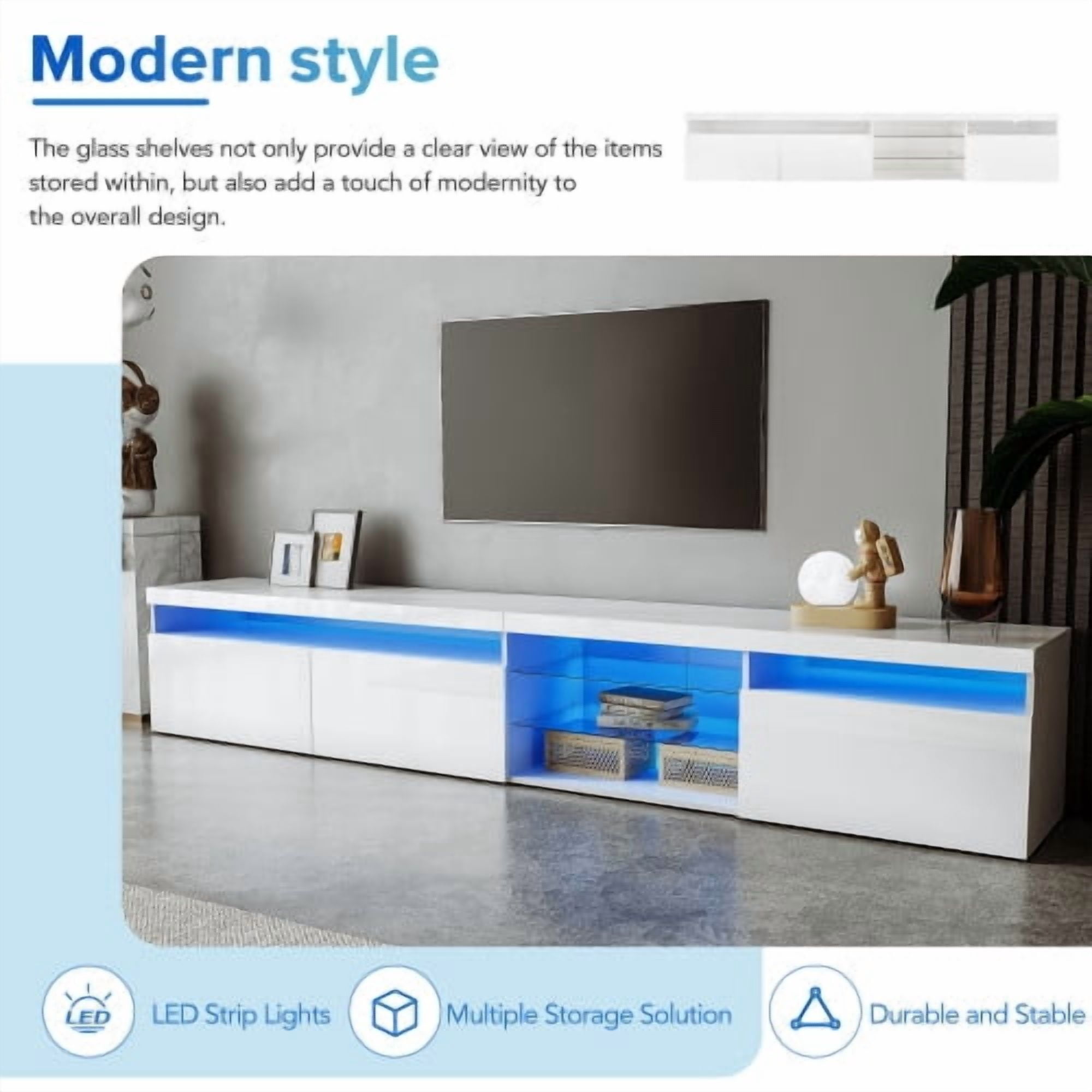 HICOMILA LED TV Stand for 80/90/100 inch TVs, Large Entertainment Center Console Table with 4 Glass Shelves & 2 Storage Cabinets, White