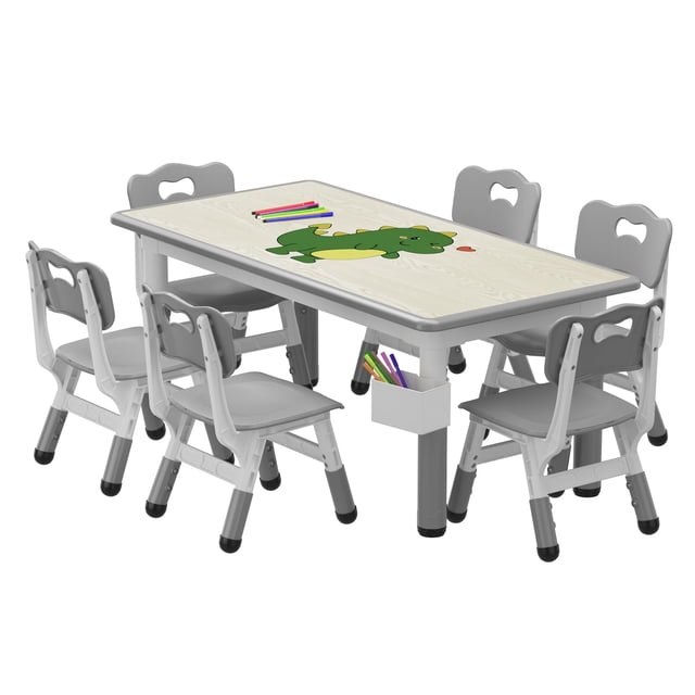 QinaQin Ensemble Table pour Enfants et 6 Chaises, Table d'Activités à Hauteur Réglable avec Rangement et Dessus Graffiti