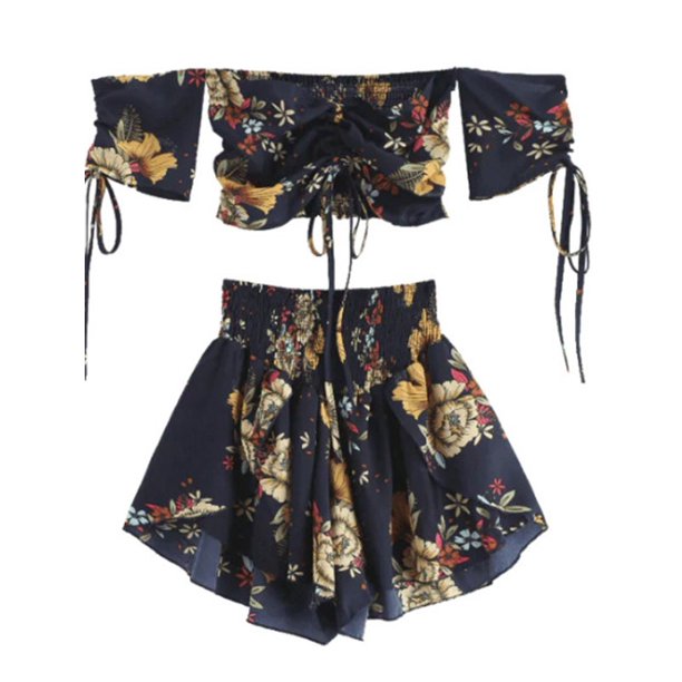 Esho 2pcs Women Summer Cinched Floral Cami Crop Top High Waist Shorts Beach Suit Walmart Com Walmart Com