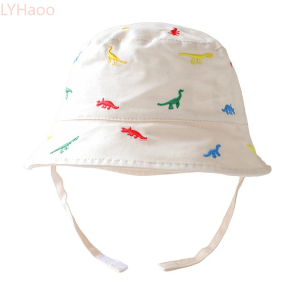 LYHaoo Kids Adjustable Chin Strap Sun Hats Summer Spring Sun Hat Cartoon Embroidery Outdoor Beach Bucket Cap Bucket Hat,Beige