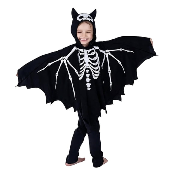 Generic Kids Skeleton Bat Cape Set, Hooded Bat Wing Poncho, Spooky Halloween Playwear for Toddler Boys Girls 3-13 Years