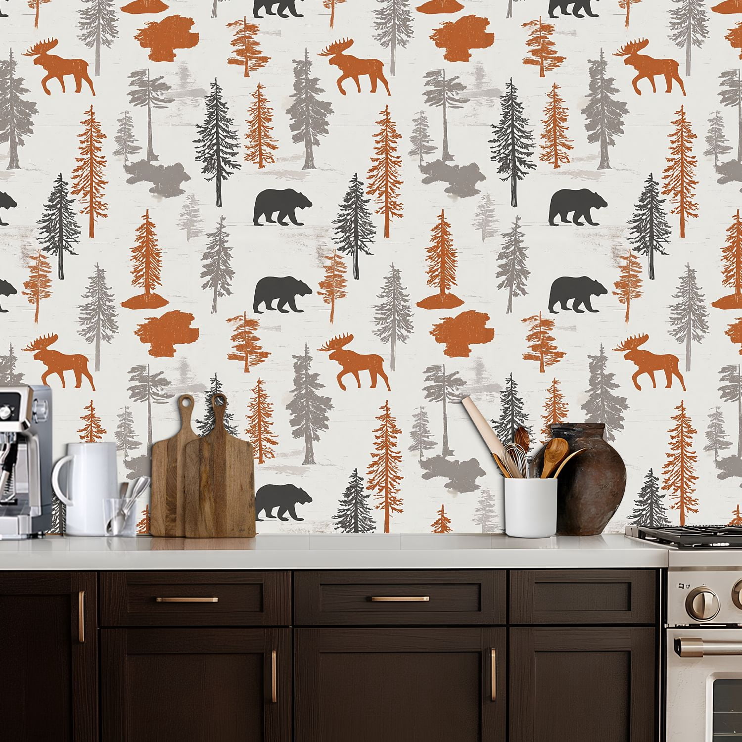 Peel and Stick Wallpaper Forest Wildlife Bear Moose Evergreen Trees Autumn Tones Wall Mural 17.7in x 9.8ft Self Adhesive Removable Wall Paper Renter Friendly Wallpaper for Nursery Bedroom Cabinets