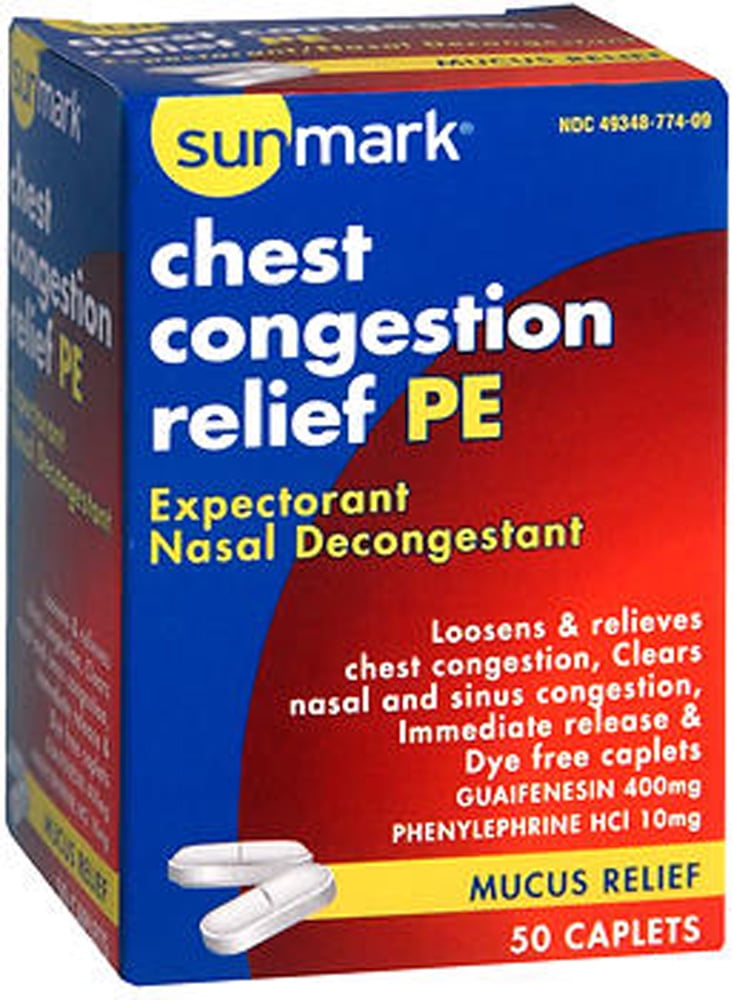Sunmark Chest Congestion Mucus Relief PE Expectorant Caplets, 10 mg/400 mg, 50 Count