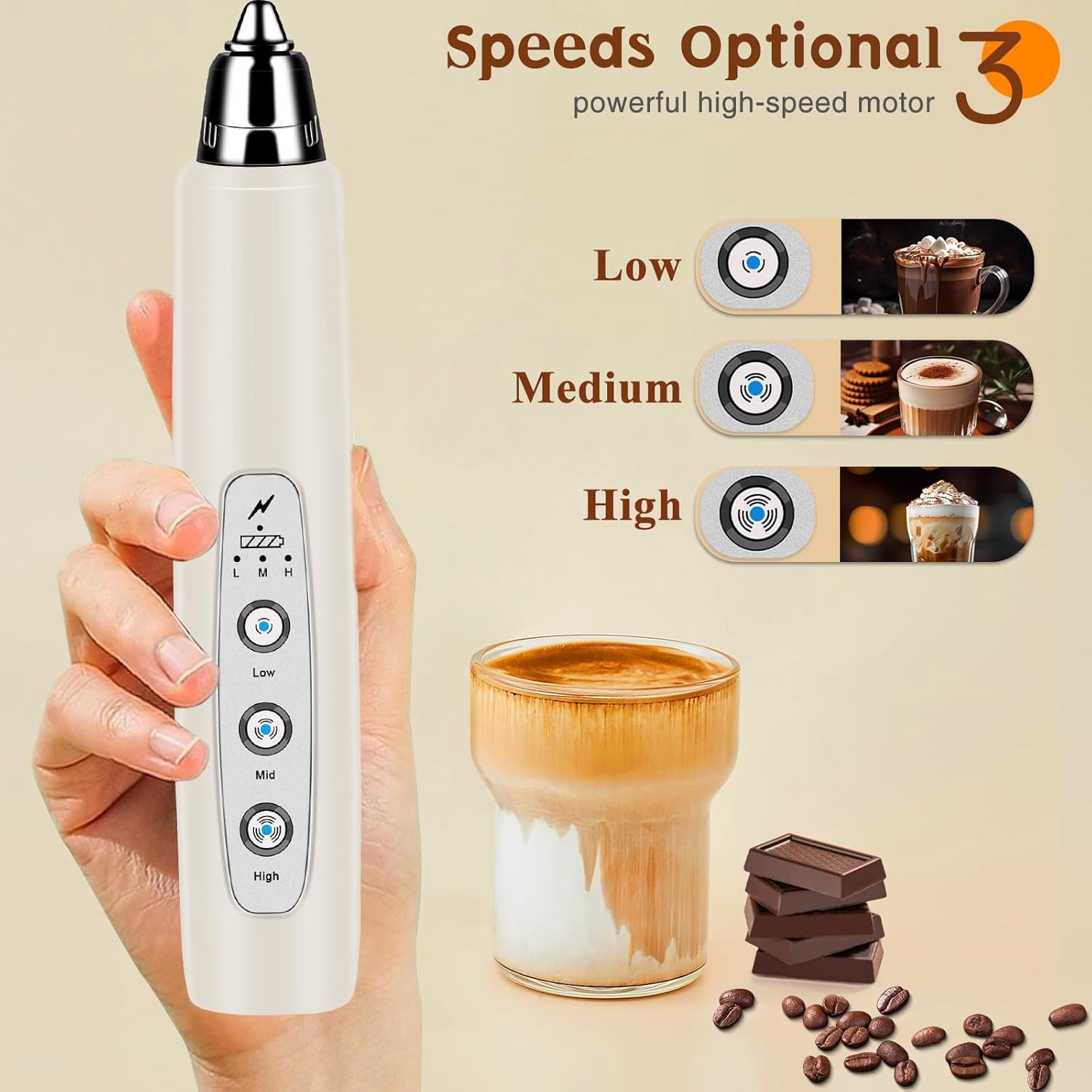 Milk Frother Handheld Rechargeable With Stand  Wand Drink Mixer Electric Whisk For Coffee Detachable 3 Stainless Whisks Hand Lattes Cappuccino Matcha Egg Beige