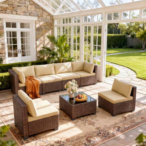 Patio Furniture Set for 7, Lofka Patio Furniture Set on Sale with Coffee Table, Patio Conversation Set for Garden, Poolside (Yellow)