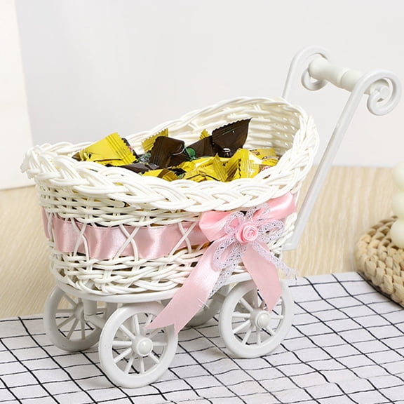 Imitation Rattan Plastic Weaving Basket | Small Cart Handle | 24x14x17cm | Multi Functional Storage for Snacks, Fruits, Pens, Remote | Desktop Organizer | 1 Piece