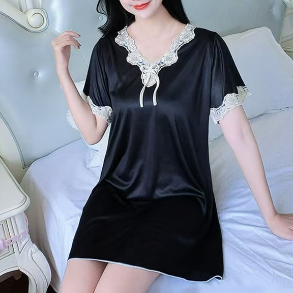 Cxenplz Women's Satin Nightgown Sleepwear Lace Trim V Neck Soft Silky Nightie Short Sleeves Nightshirt